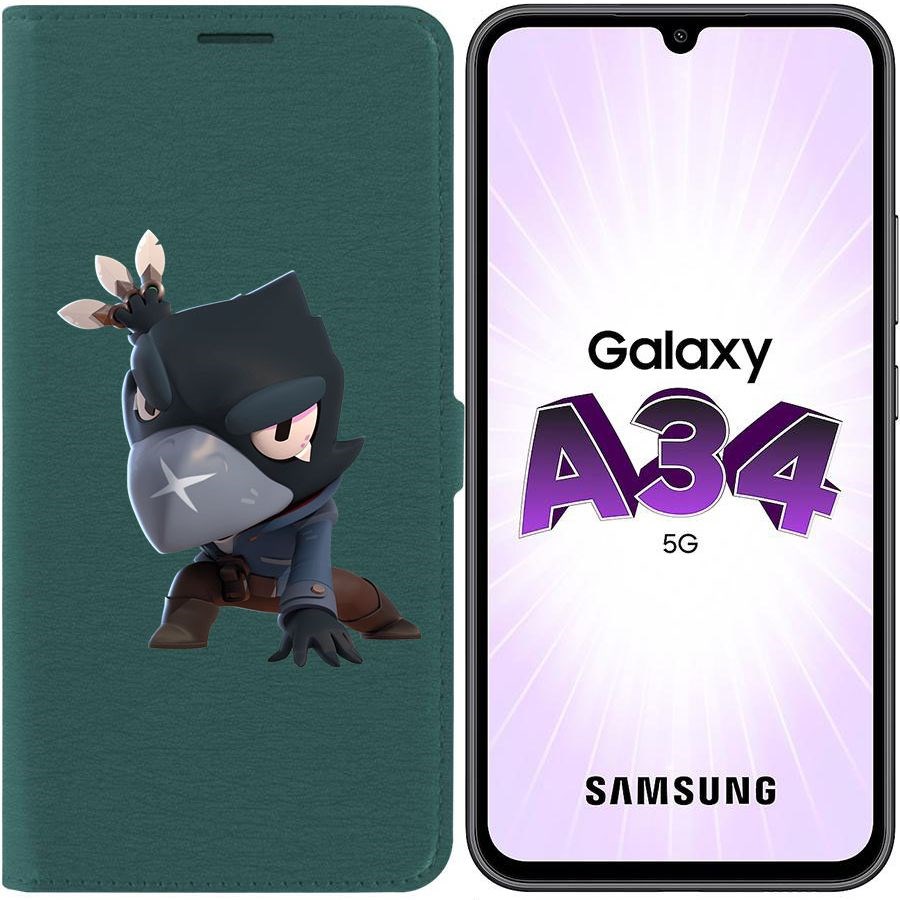 

Чехол-книжка Эко для Samsung Galaxy A34 5G (A346) Brawl Stars-Ворон (зелёный опал)