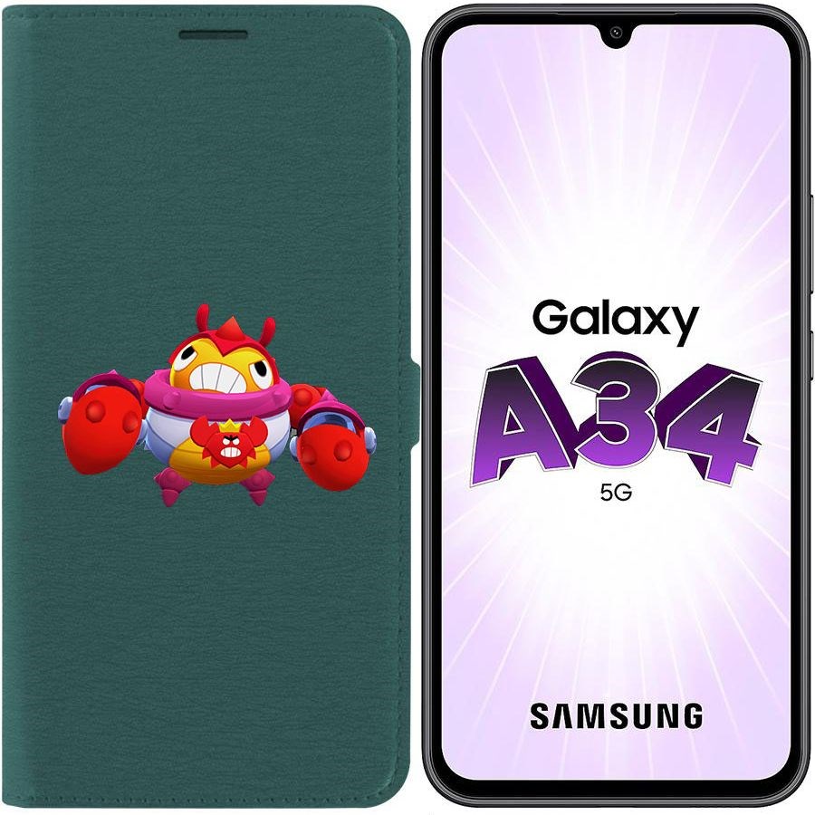 

Чехол-книжка Эко для Samsung Galaxy A34 5G (A346) Brawl Stars-Краб Тик (зелёный опал)