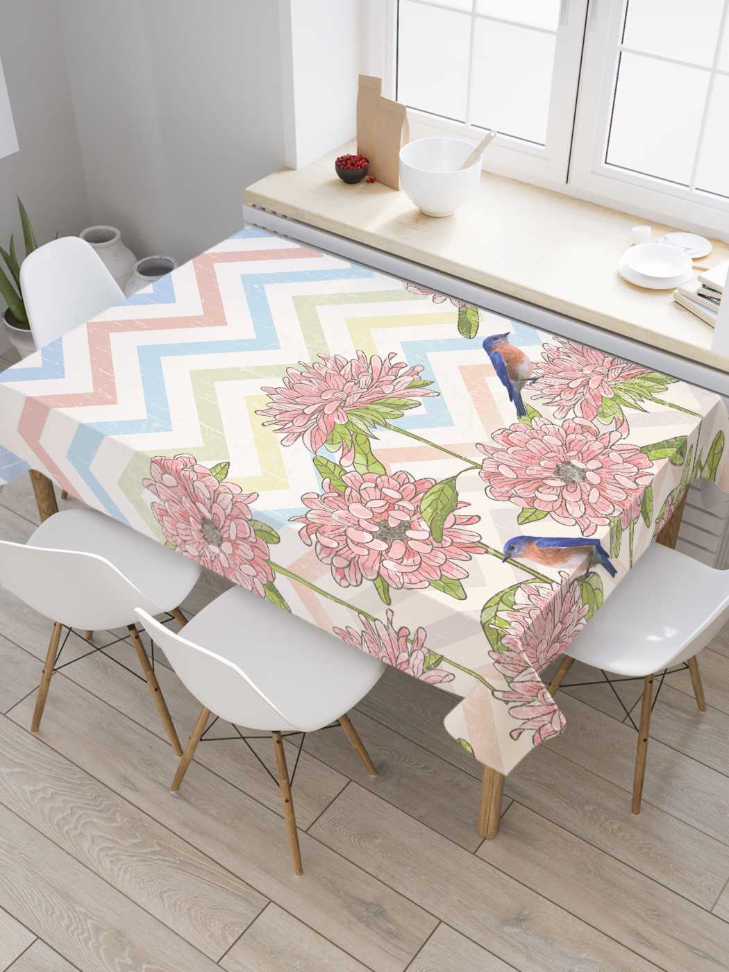 

Скатерть прямоугольная JoyArty "Синички с цветами" из оксфорда, 120x145 см, Розовый, Синички с цветами