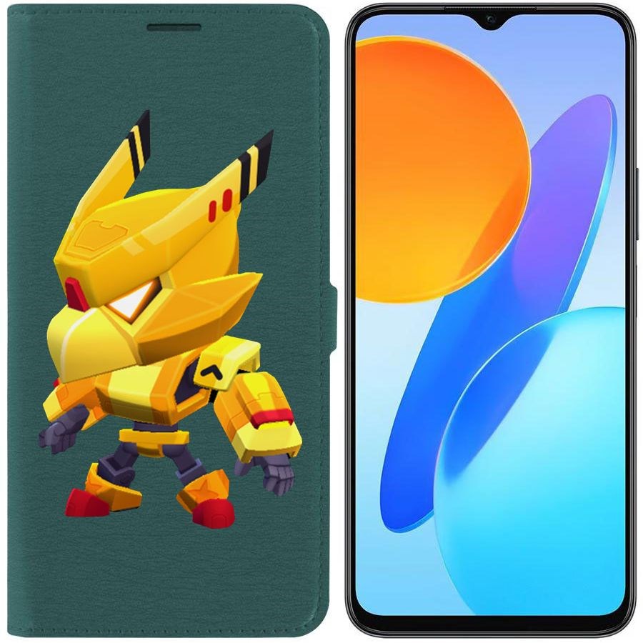 

Чехол-книжка Эко для Honor X8 5G Brawl Stars-Ворон Золотой Меха (зелёный опал)