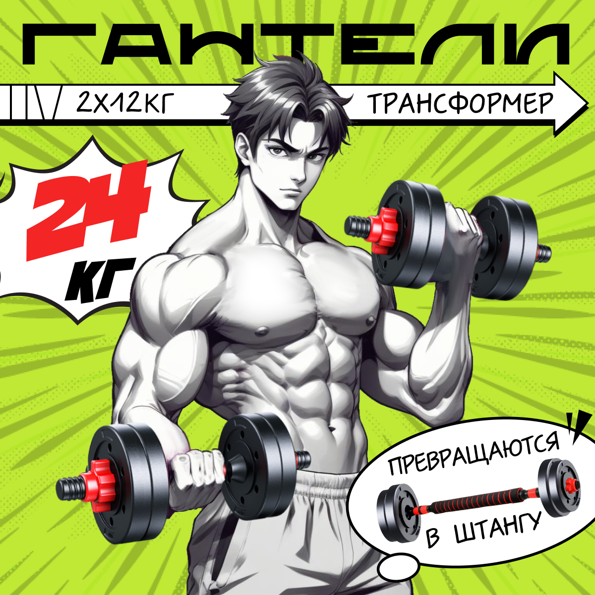 Гантели разборные Аргонафт 24 кг, 2 шт. по 12 кг + штанга