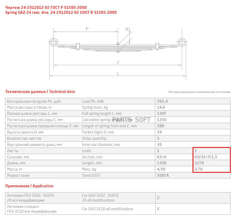 Лист рессоры ГАЗ-24,3110 задней №2 подкоренной L=1270мм ЧМЗ 24-2912102-10