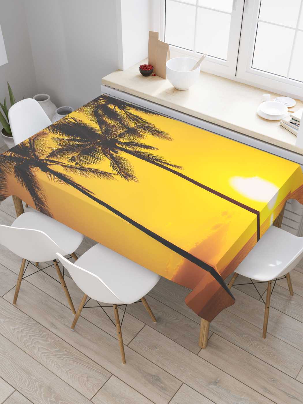 

Скатерть прямоугольная JoyArty "Пальмовое трио" из сатена, 180x145 см, Желтый, Пальмовое трио