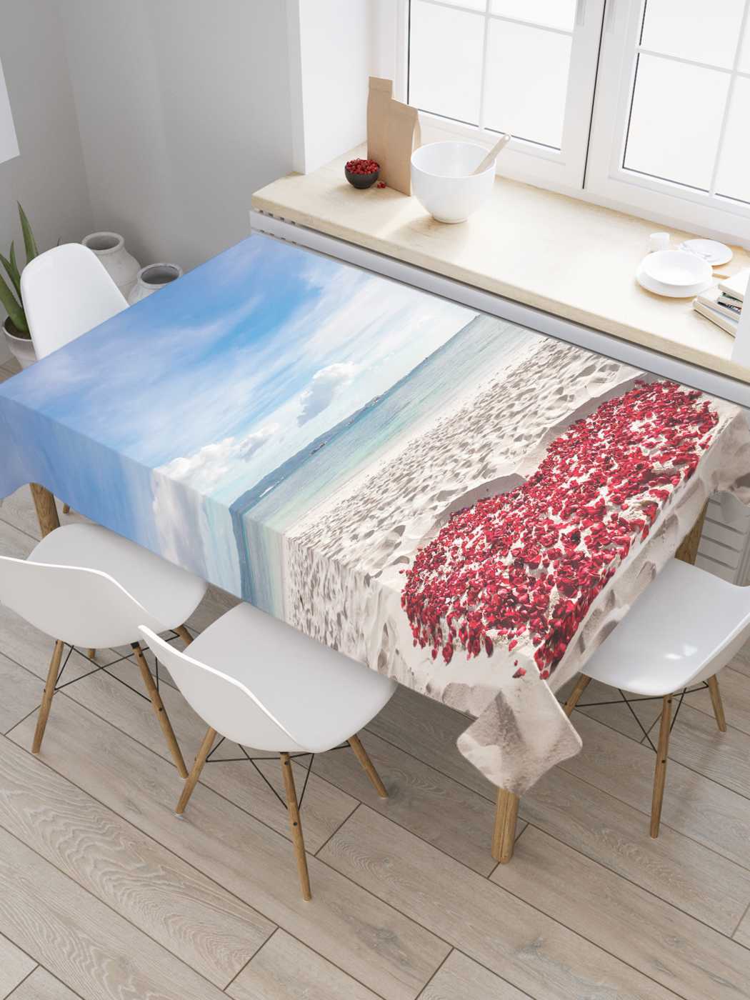 

Скатерть прямоугольная JoyArty "Сердечко на песке" из сатена, 180x145 см, Белый, Сердечко на песке