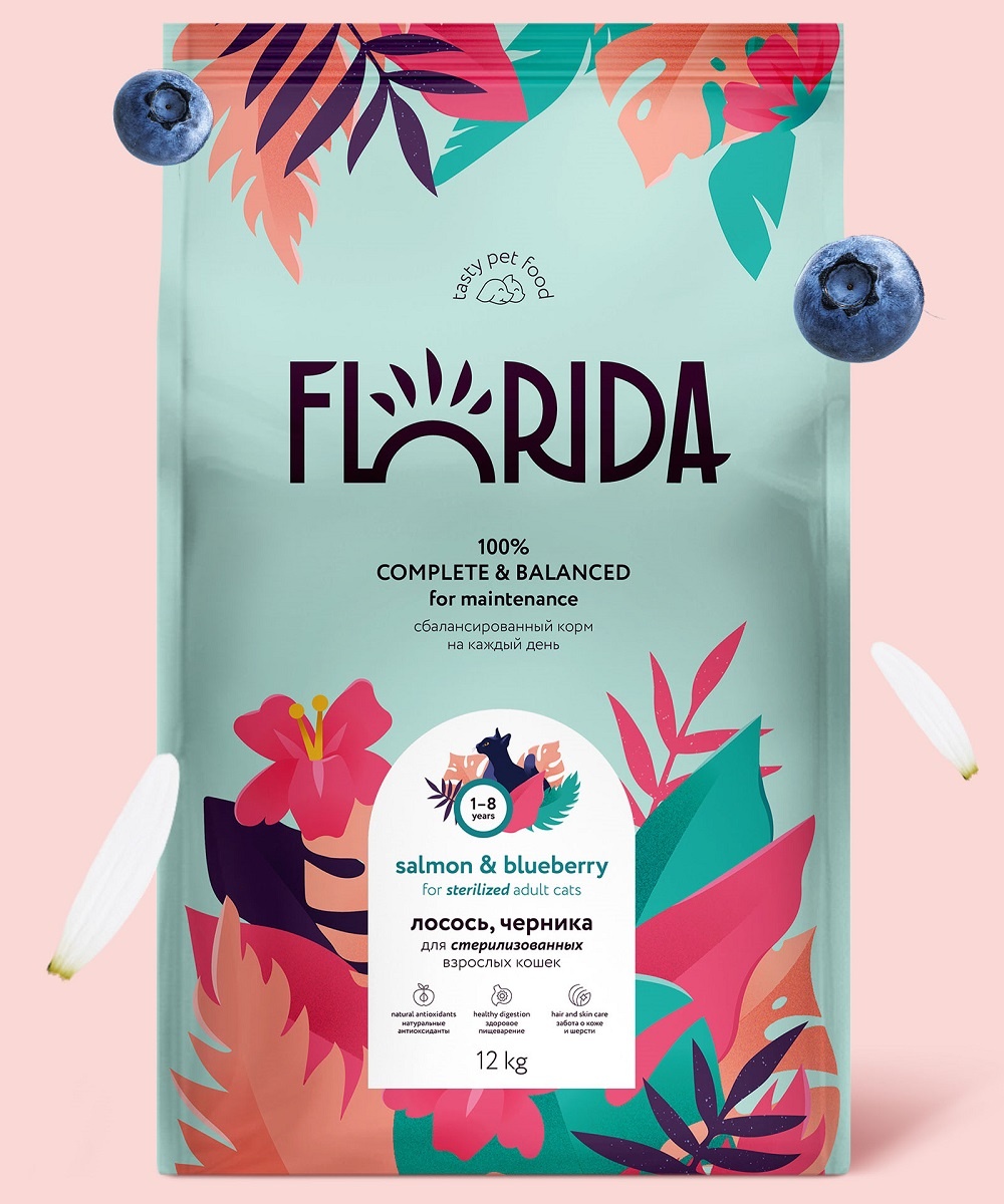 

Сухой корм для кошек FLORIDA лосось и черника, для стерилизованных, 12кг