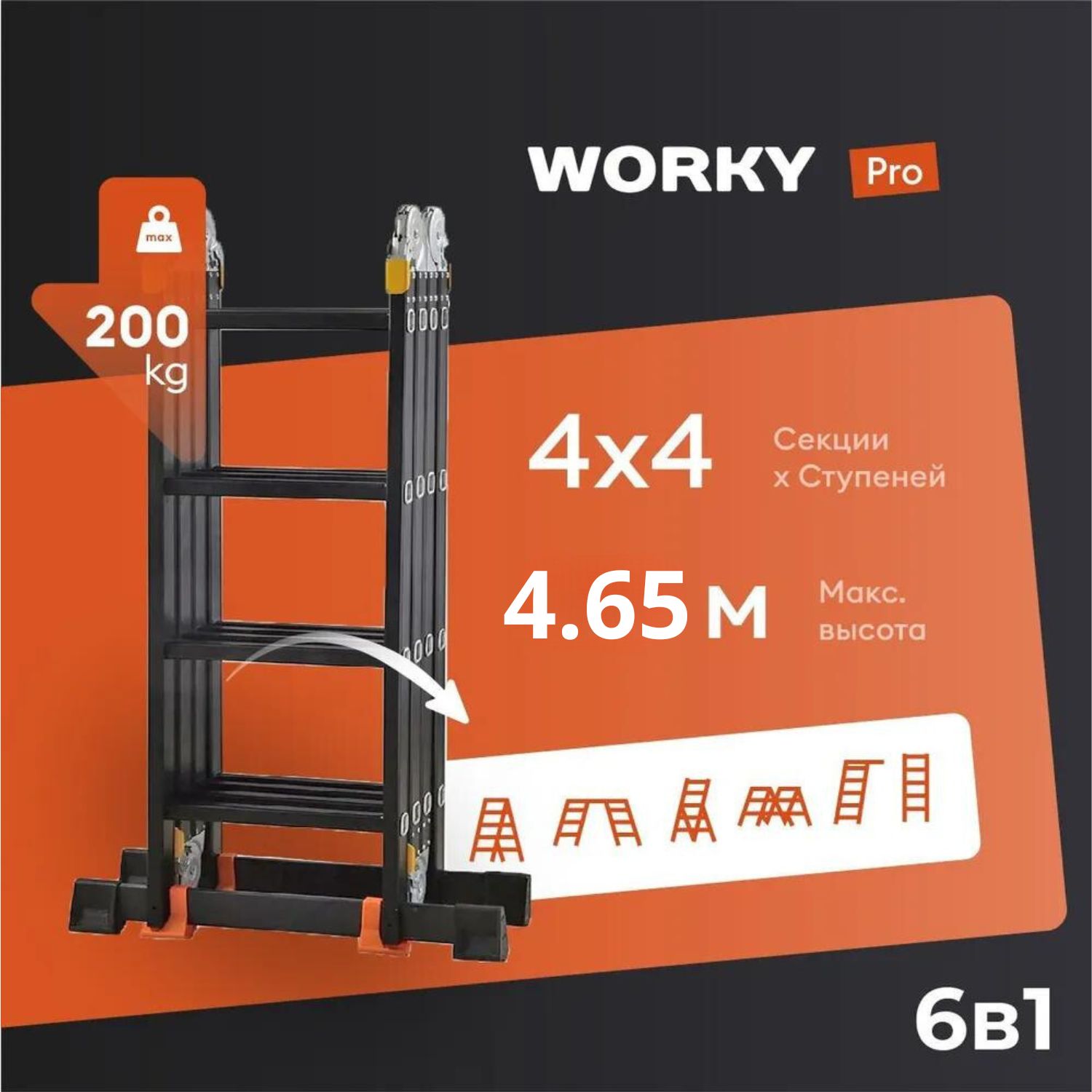 фото Лестница-стремянка трансформер worky pro 4x4 ard258132 высота 4,6 м