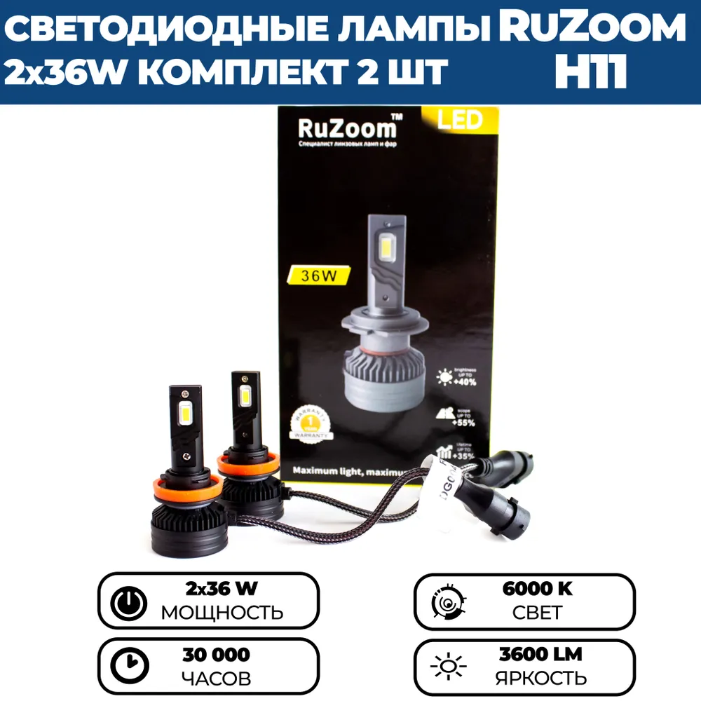 

Светодиодные лампы LED 36W RuZoom H11, 2 шт
