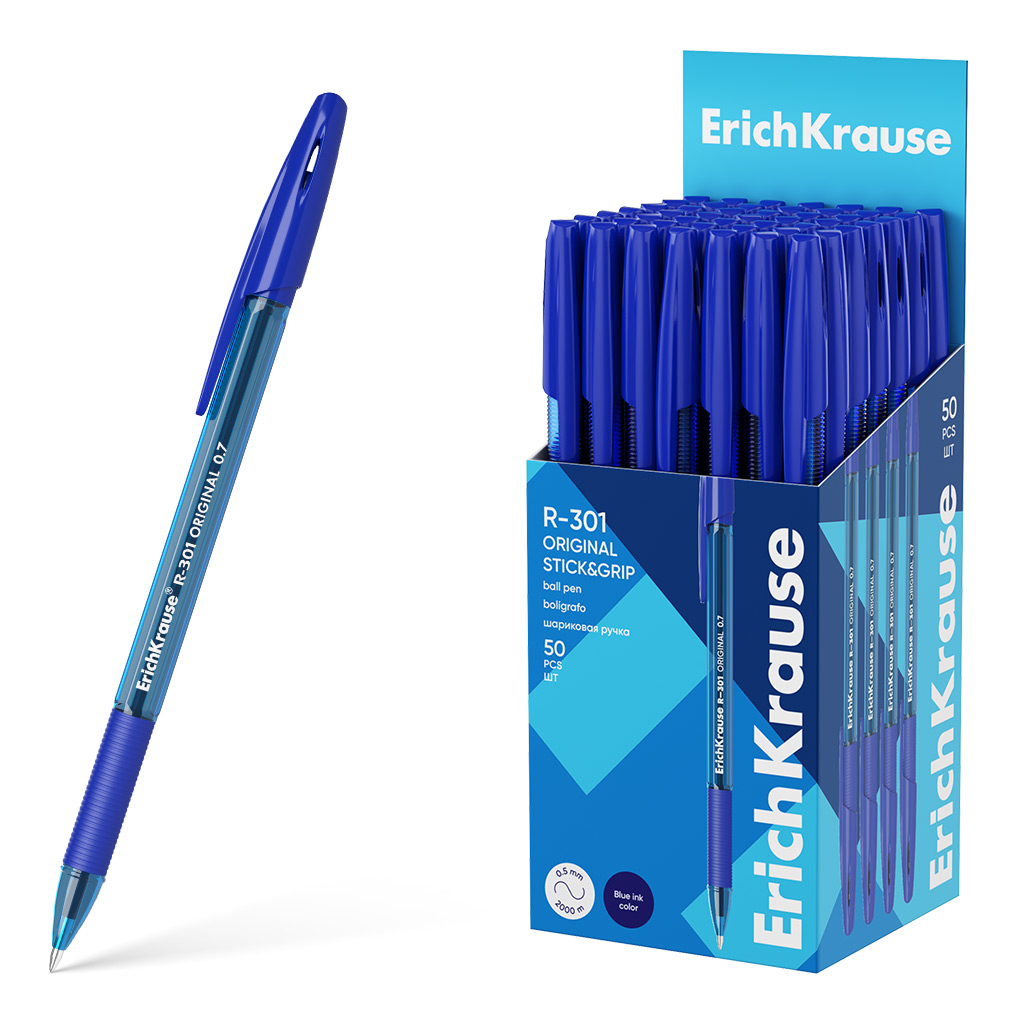 

Ручка шариковая ErichKrause R-301 Stick&Grip Original 60972, цвет синий, 50 штук