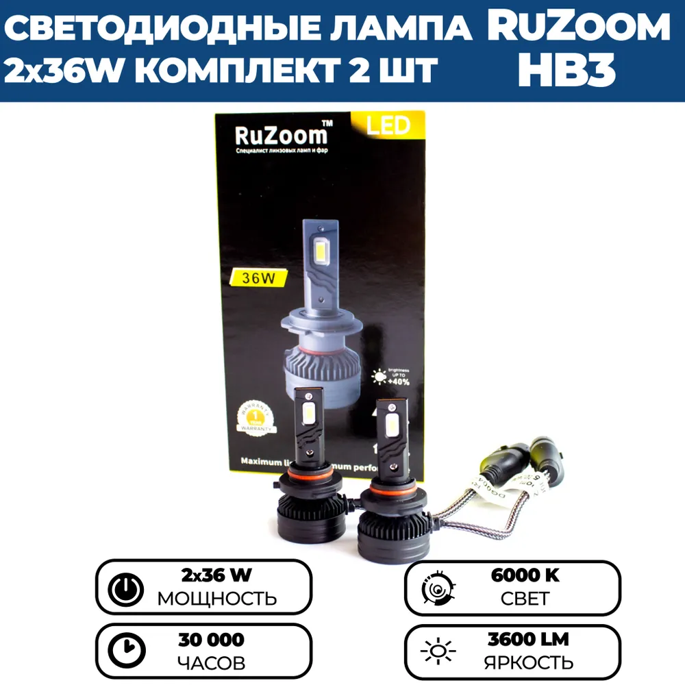 

Светодиодные лампы LED 36W RuZoom HB3, 2 шт