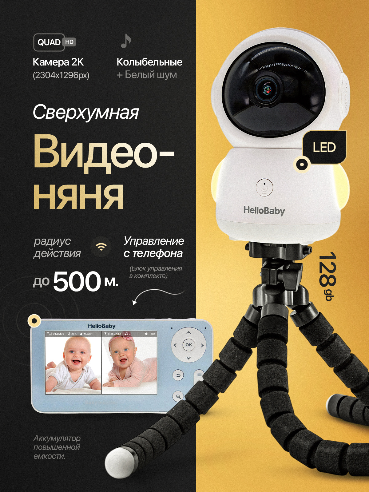 Видеоняня HelloBaby HB110TR с креплением и повышенной дальностью 500 м 13100₽