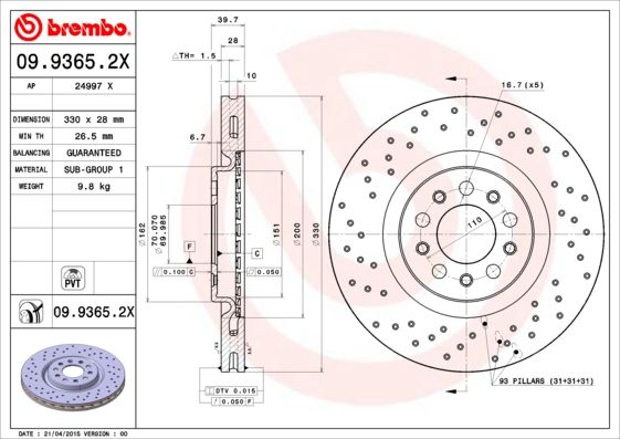 

Тормозной диск brembo комплект 1 шт. 0993652X