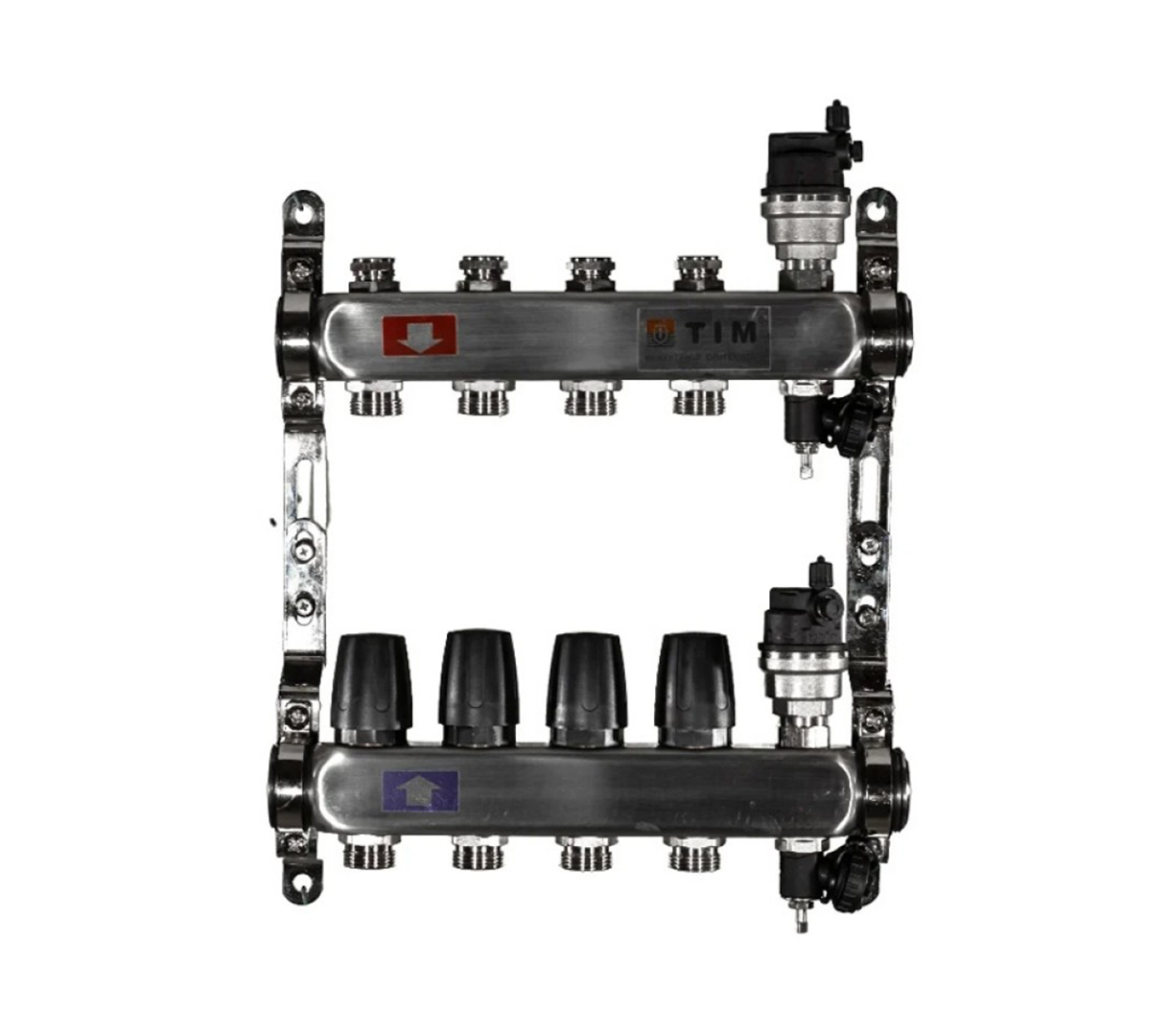 фото Коллекторная группа tim 1 на 4 контура 3/4 (нерж. сталь, с вентилями)