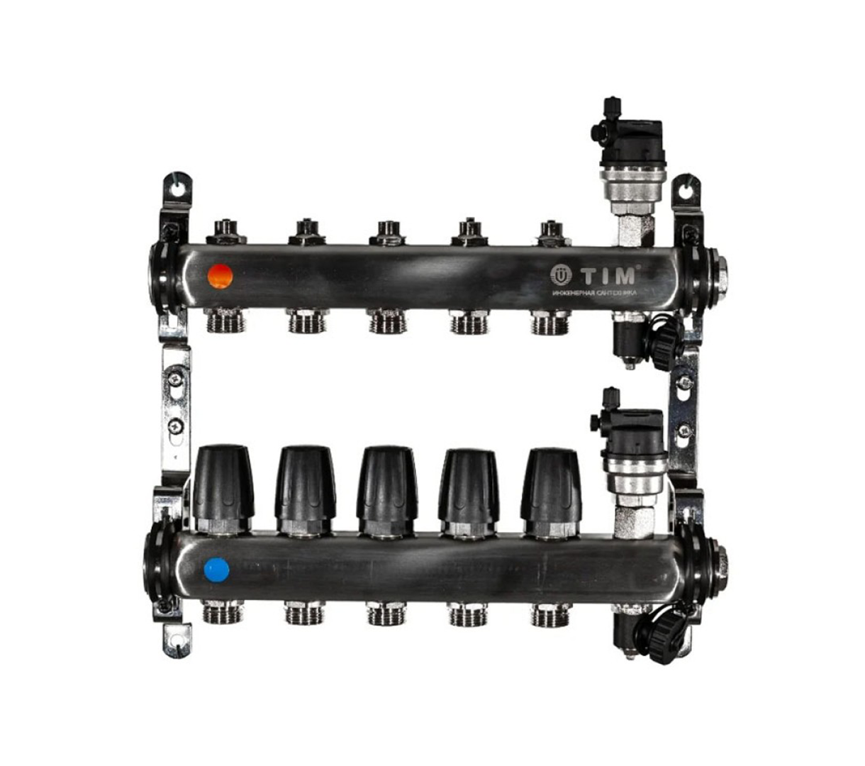 фото Коллекторная группа tim 1 на 5 контуров 3/4 (нерж. сталь, с вентилями)