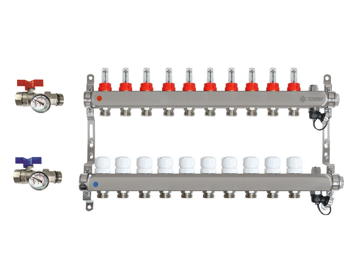 Коллекторная группа для теплого пола TAEN 1x3/4x10 в сборе: 2 шаровых крана с термометром,