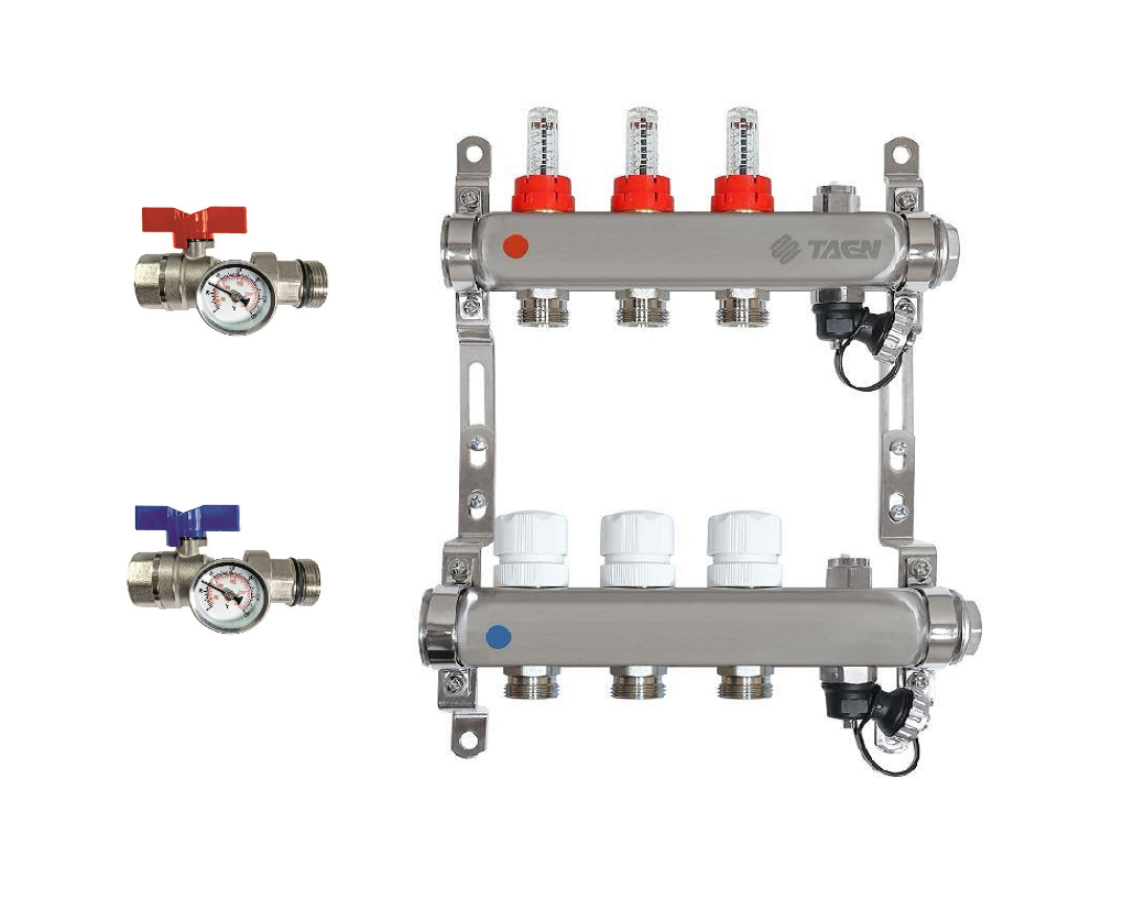 фото Коллекторная группа для теплого пола taen 1x3/4x3 в сборе: 2 шаровых крана с термометром,