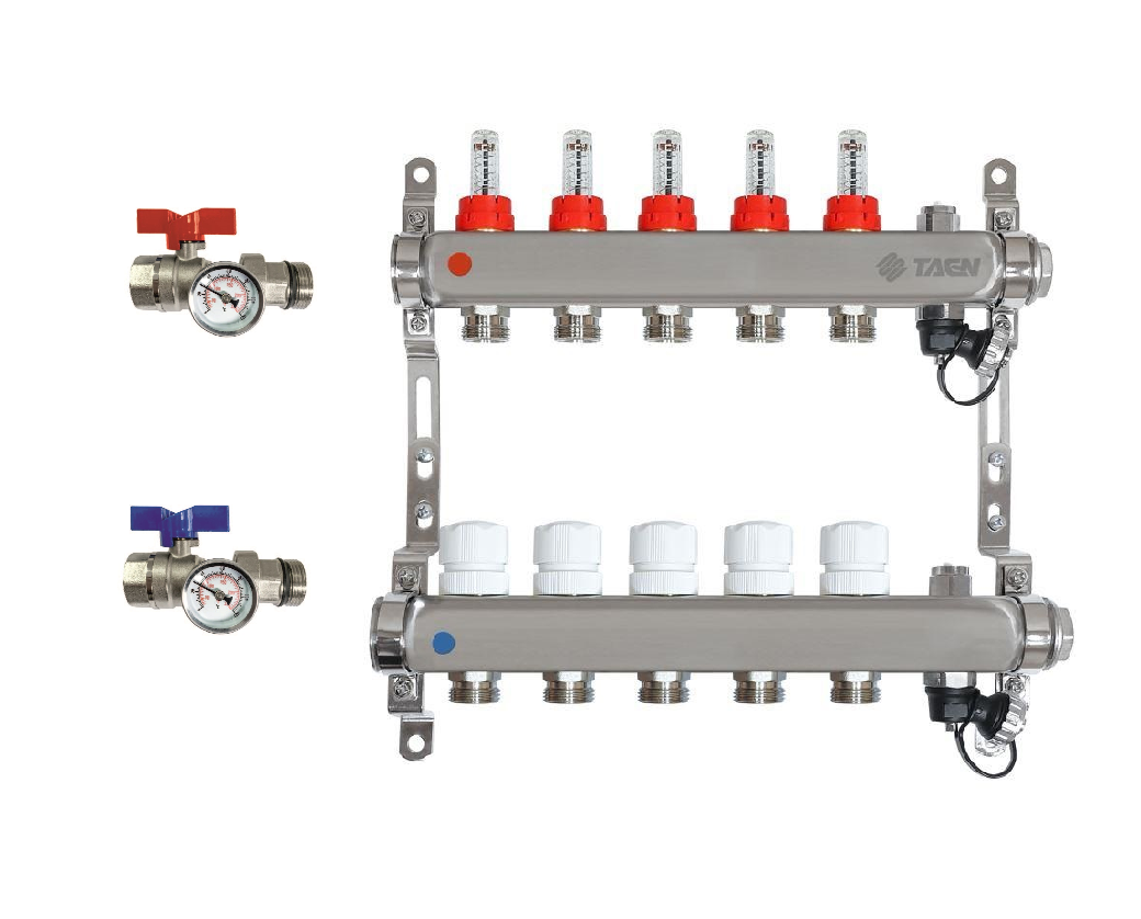 фото Коллекторная группа для теплого пола taen 1x3/4x5 в сборе: 2 шаровых крана с термометром,