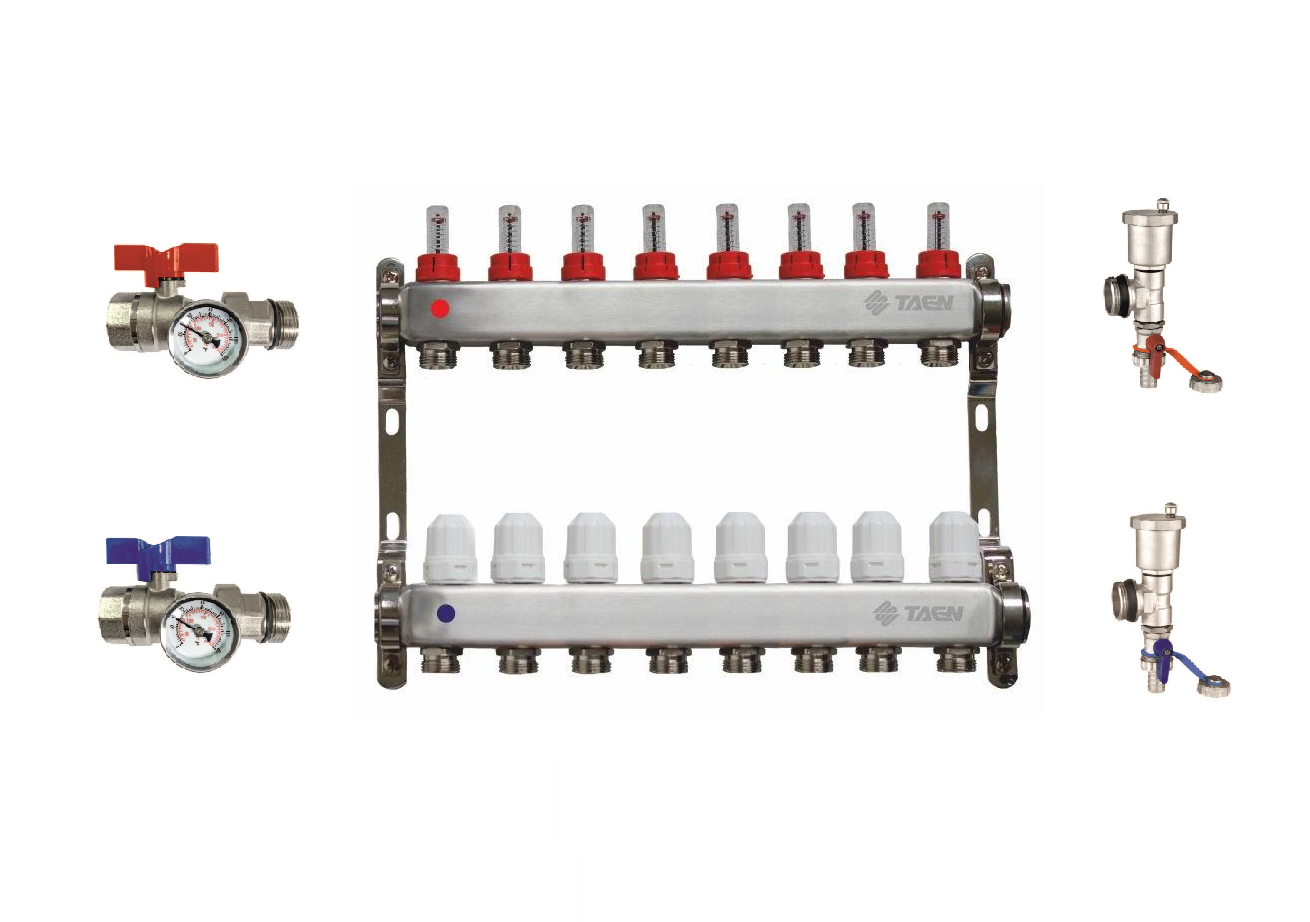 

Коллекторная группа для теплого пола TAEN 1x3/4x8 с ручным воздухоотводчиком, сливным кран