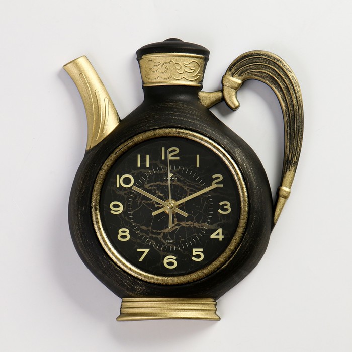 фото Часы настенные, серия: кухня чайник, 26.5 х 24 см, корпус черный с золотом nobrand
