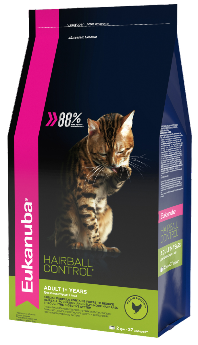 фото Сухой корм для взрослых кошек eukanuba adult hairball control/indoor птица, 2 шт по 2 кг