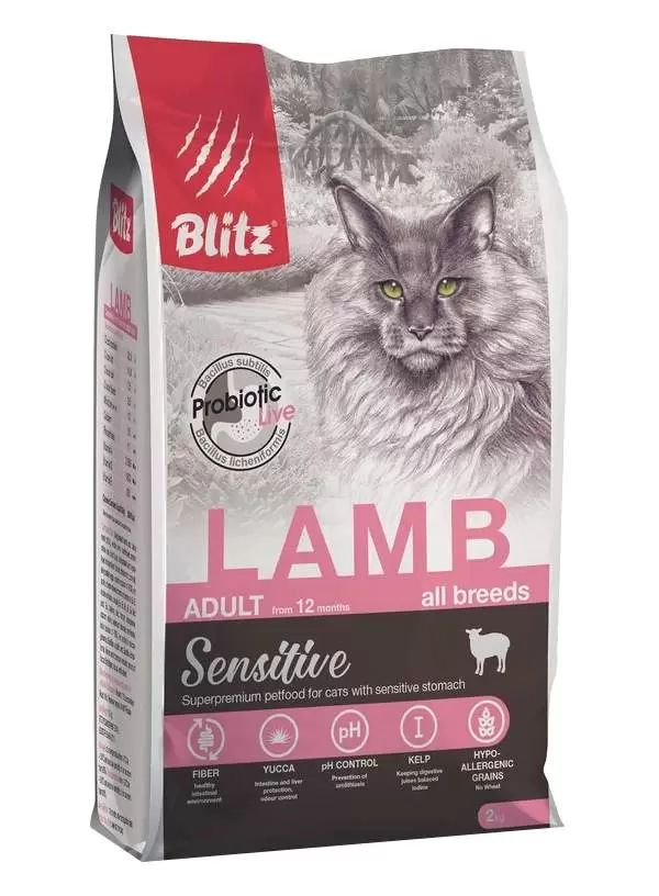 Сухой корм для кошек BLITZ SENSITIVE ADULT CAT LAMB с ягненком 6шт по 2кг 8400₽