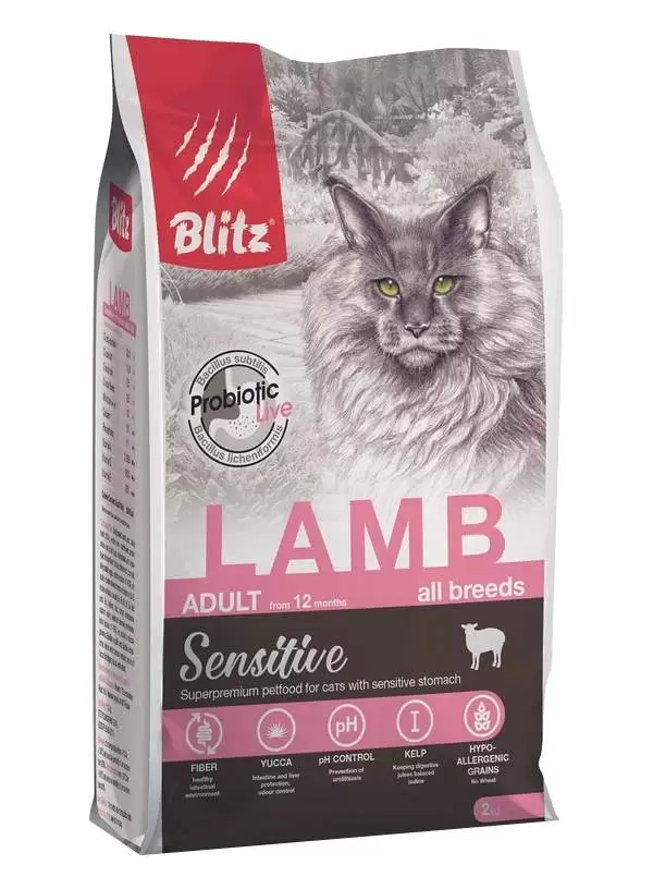 фото Сухой корм для кошек blitz sensitive adult cat lamb, с ягненком 6шт по 2кг