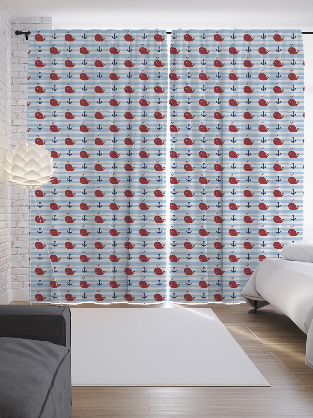 

Шторы JoyArty с фотопечатью "Киты и якоря" из сатена, 290х265 см, Киты и якоря