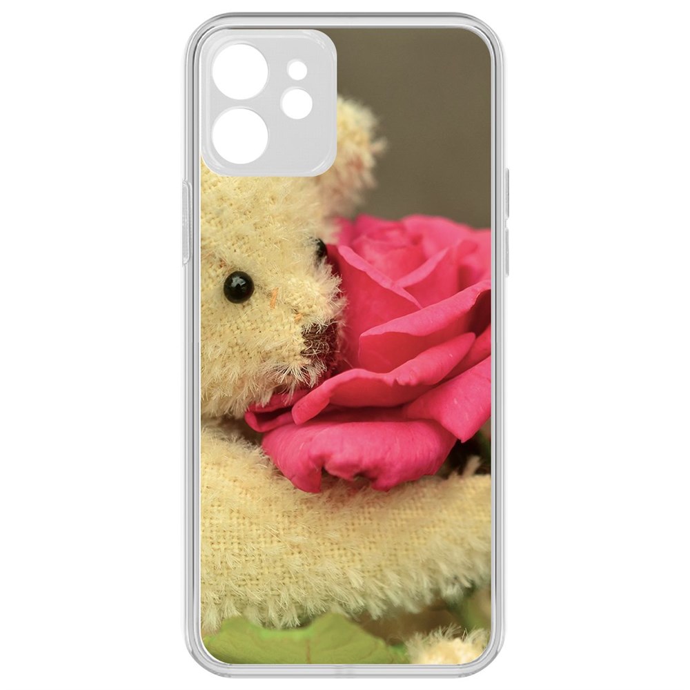Чехол-накладка Krutoff Clear Case Медвежонок с розой для iPhone 12 с защитой камеры