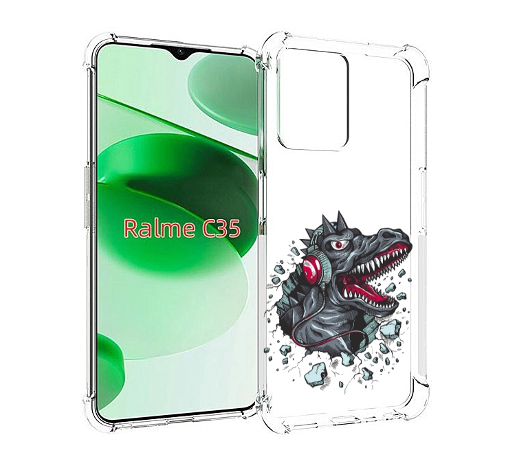 

Чехол MyPads Нарисованный динозавр в наушниках для Realme C35 / Narzo 50A Prime, Прозрачный, Tocco