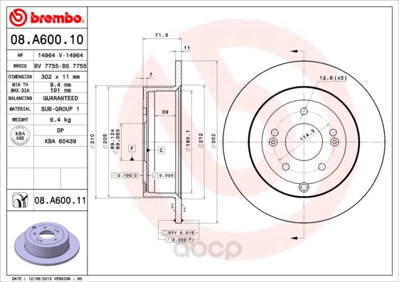 

Тормозной диск brembo задний для Hyundai Santa Fe 06- d=302 мм. 08A60011