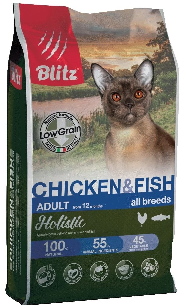 

Сухой корм для кошек Blitz Holistic Low-Grain низкозерновой курица и рыба, 2 шт по 0,4 кг