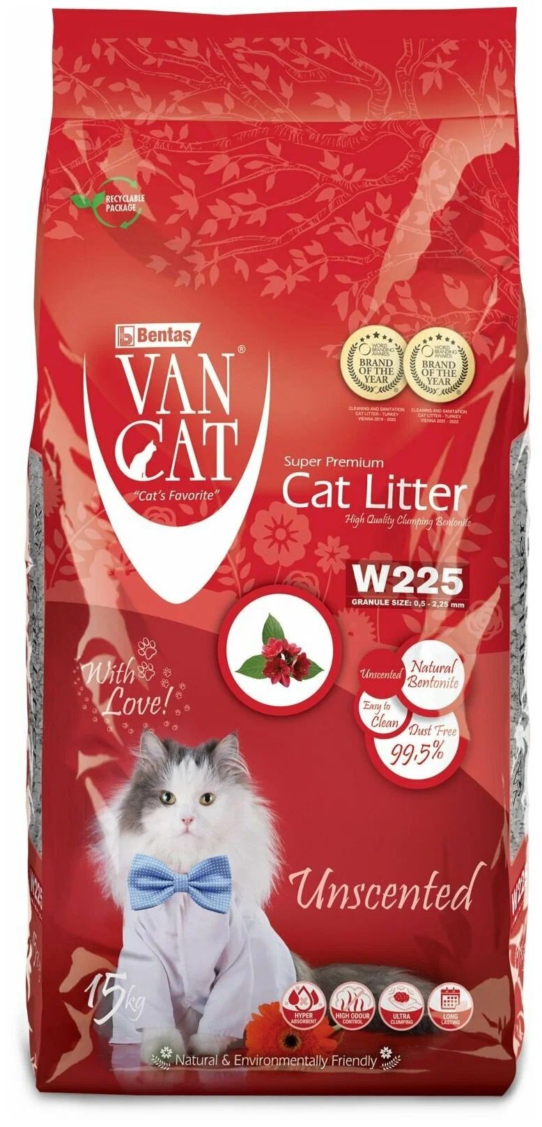 Комкующийся наполнитель Van Cat Natural бентонитовый, натуральный, 4 шт по 15 кг