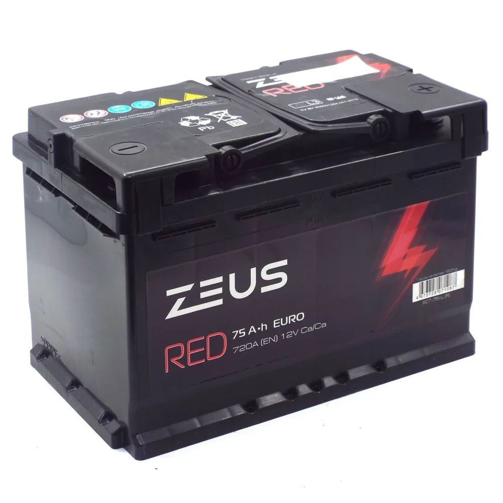 Аккумулятор автомобильный ZEUS RED 75 А*ч 278/175/190 о.п. Обратная полярность