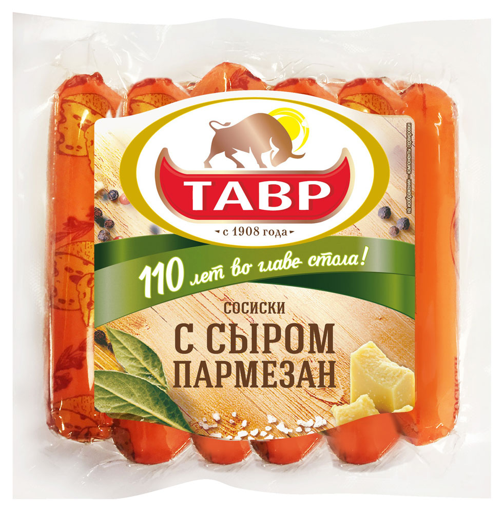

Сосиски Тавр с сыром пармезан в искусственной оболочке 600 г