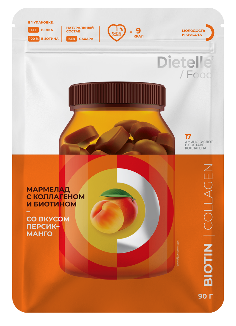

Мармелад жевательный Dietelle со вкусом персик-манго, коллагеном и биотином, 90 г, мармелад