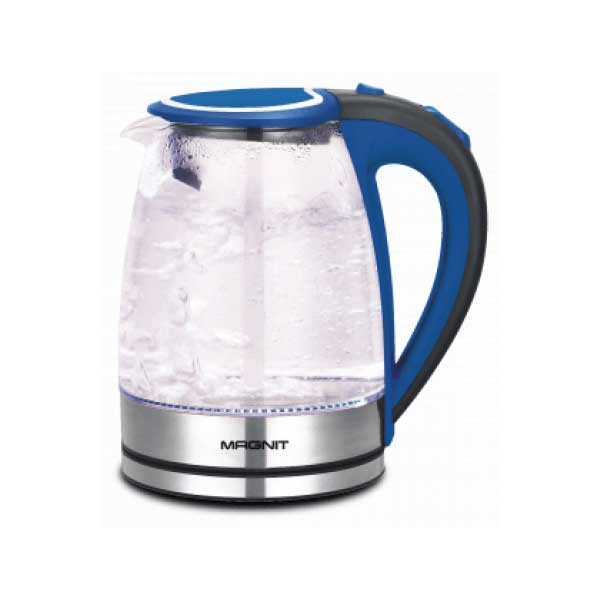 Чайник электрический MAGNIT RMK-3701 2 л прозрачный, серебристый, синий мезороллер со шприцом для сыворотки 72 иглы 1 мм шприц 3 мл прозрачный синий