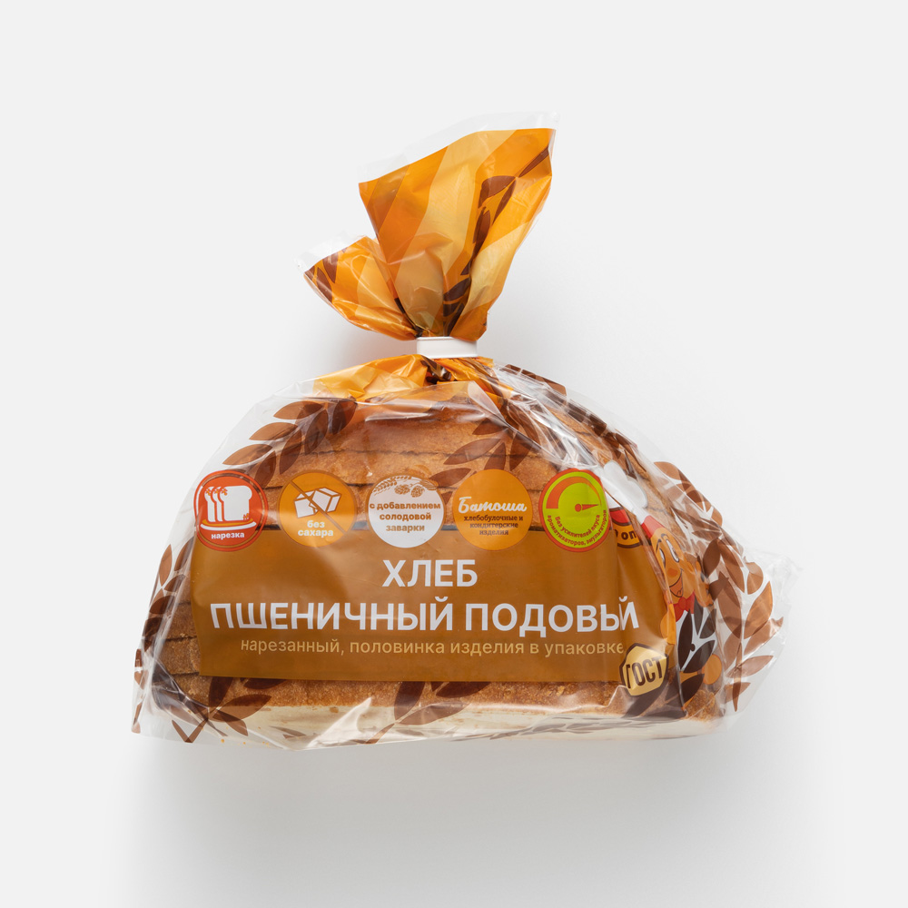 

Хлеб пшеничный Батоша подовый, половинка, нарезка, ГОСТ, 340 г, Пшеничный первый сорт