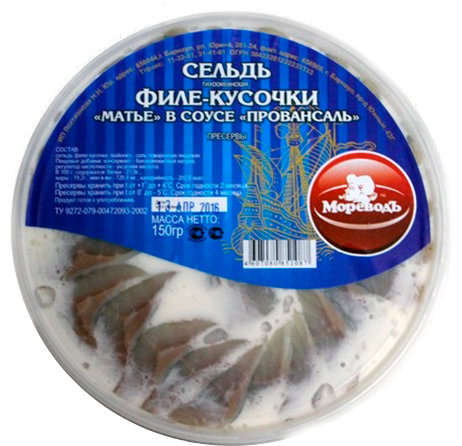 

Сельдь Мореводъ филе-кусочки в соусе Провансаль 150 г