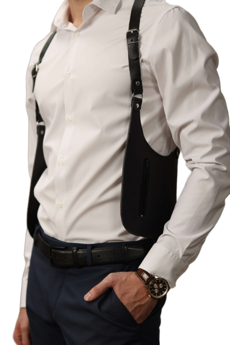 Мужская портупея BDSM Арсенал из натуральной кожи с карманами №2, черная