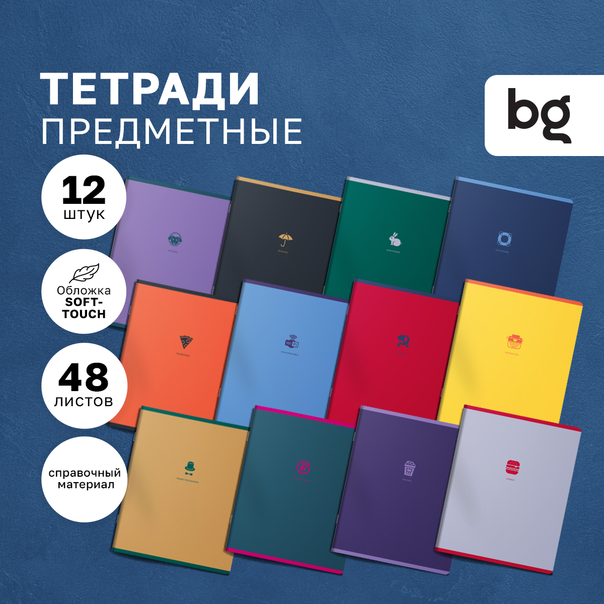 Предметные тетради 48л. BG Monocolor. Element, ламинация soft-touch, 12 штук