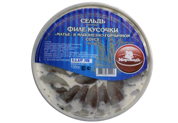

Сельдь Мореводъ филе кусочки в майонезно-горчичном соусе 150 г