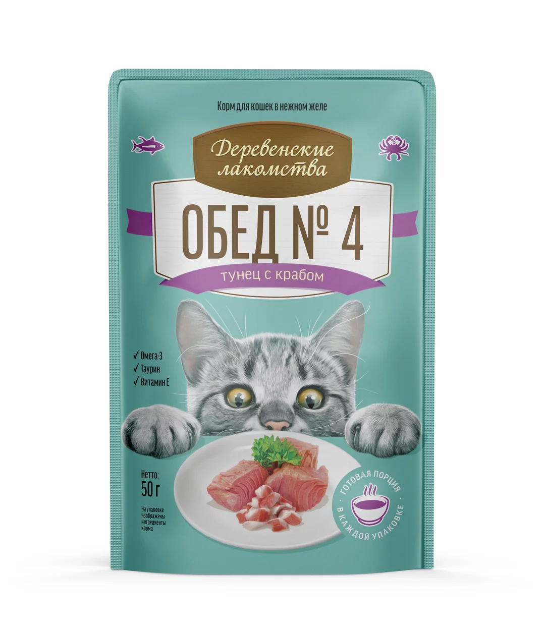 Влажный корм для кошек Деревенские лакомства обед №4, тунец, краб, 50г