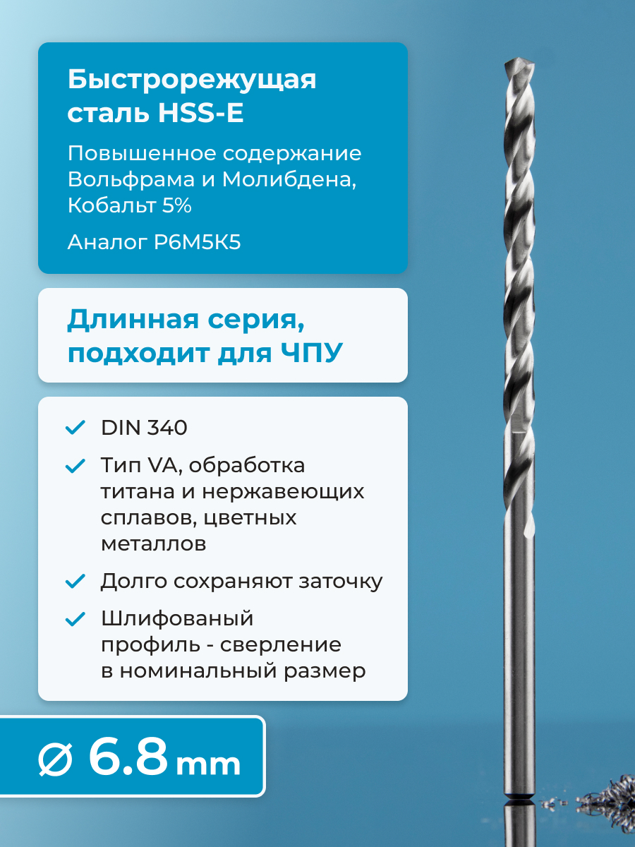 

Сверло NORGAU Industria по металлу 6.8 мм из быстрорежущей HSS-E (Co5%) стали, удлиненное, RHS-352-067