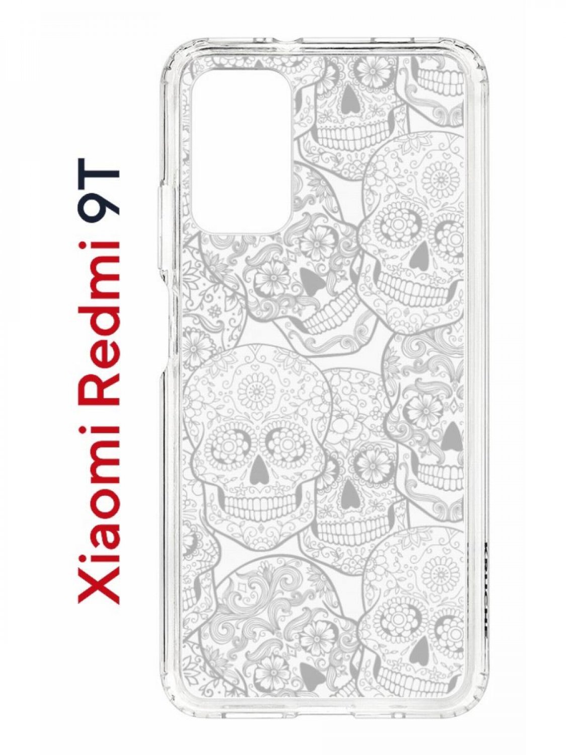 Чехол на Redmi 9T Kruche Print Skull White,противоударный бампер,с защитой камеры