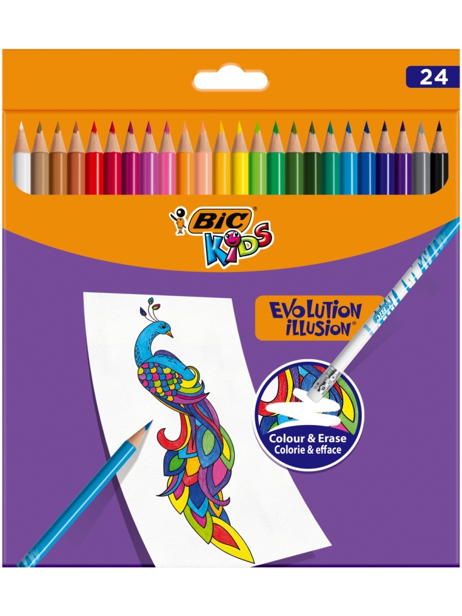 Карандаши цветные Bic Kids Evolution illusion 2,8 мм 24 цвета 100028191707 желтый,  красный,  оранжевый,  зеленый,  синий,  коричневый,  черный,  розовый,  бирюзовый,  голубой,  фиолетовый