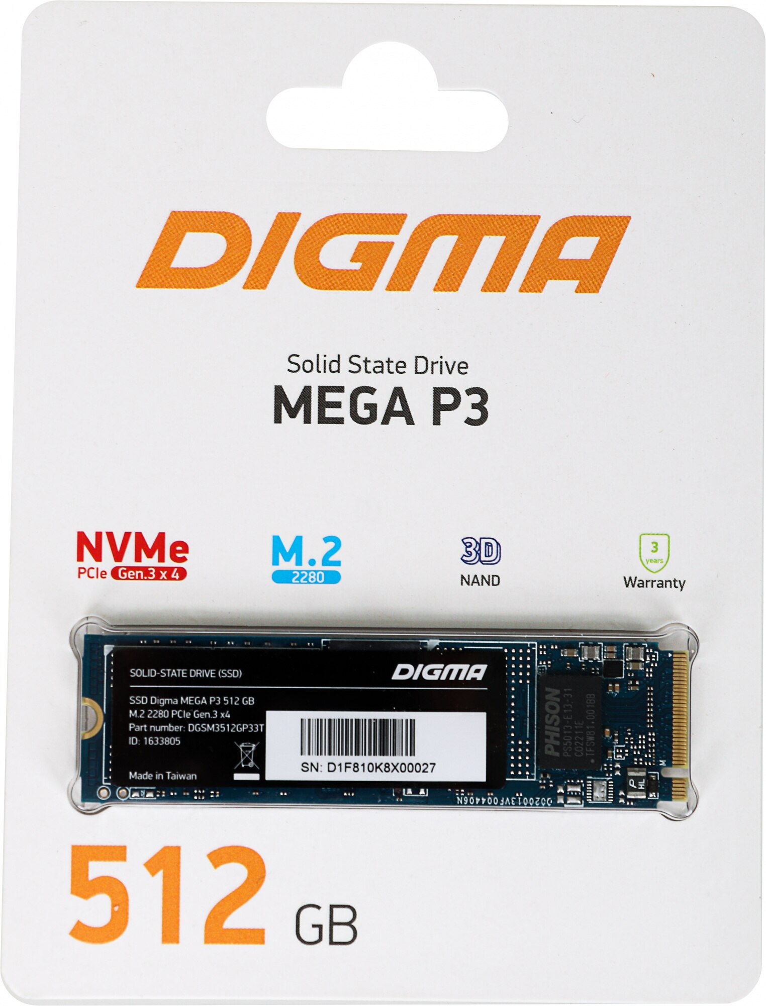 

SSD накопитель DIGMA Mega P3 512 ГБ (DGSM3512GP33T), Mega P3