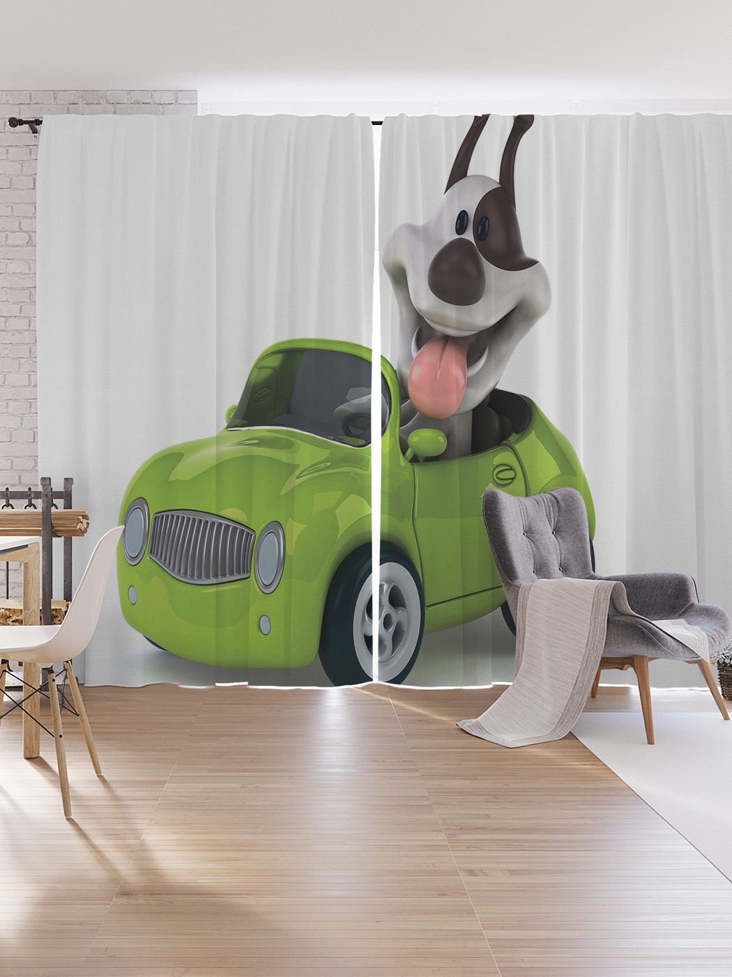 фото Шторы под лён joyarty "пес в автомобиле", серия oxford delux, 340х265 см