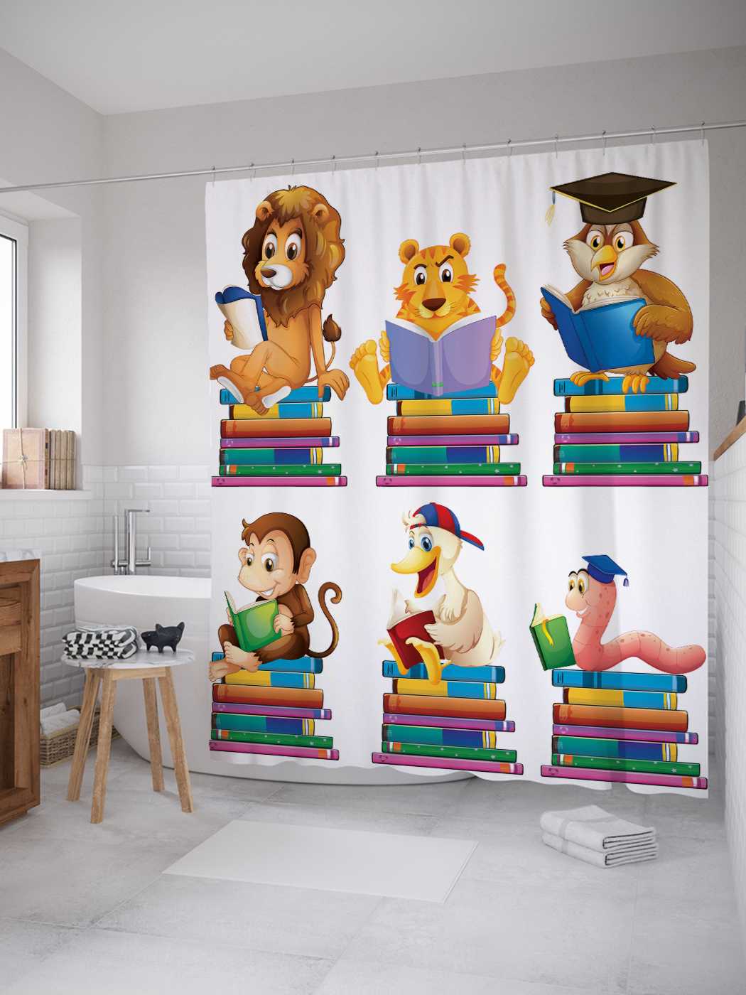 

Штора для ванной JoyArty "Звери-студенты" из сатена, 180х200 см с крючками, Белый