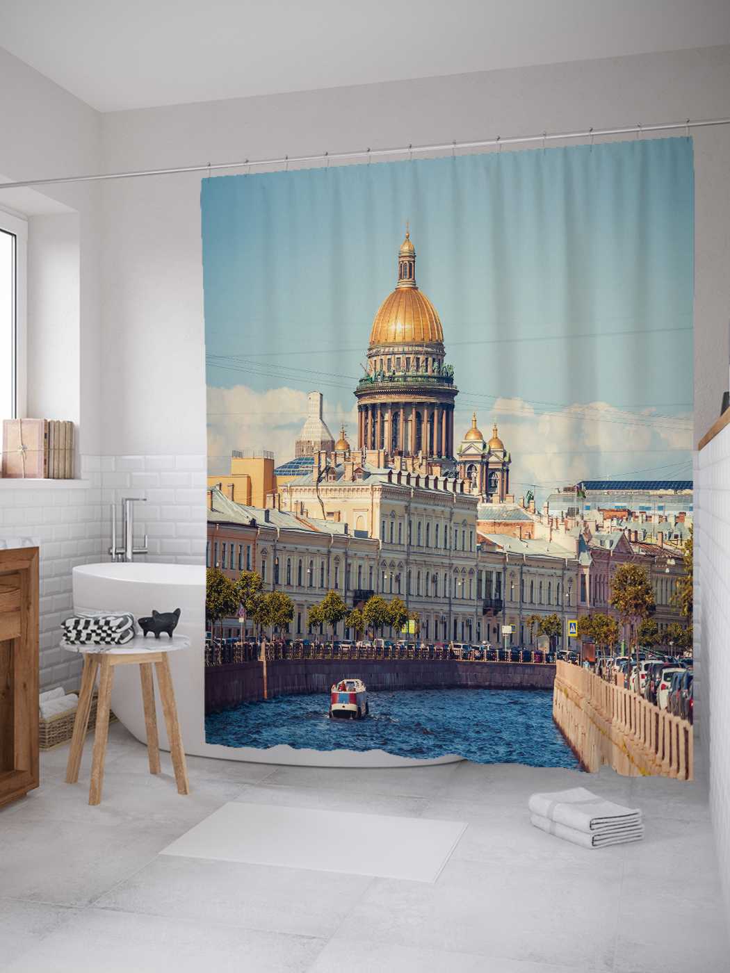 

Штора для ванной JoyArty "Величественные постройки" из сатена, 180х200 см с крючками, Серый
