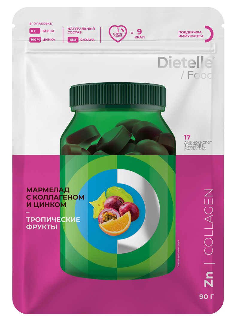 

Мармелад жевательный Dietelle со вкусом Тропические фрукты с коллагеном и цинком, 90 г, мармелад