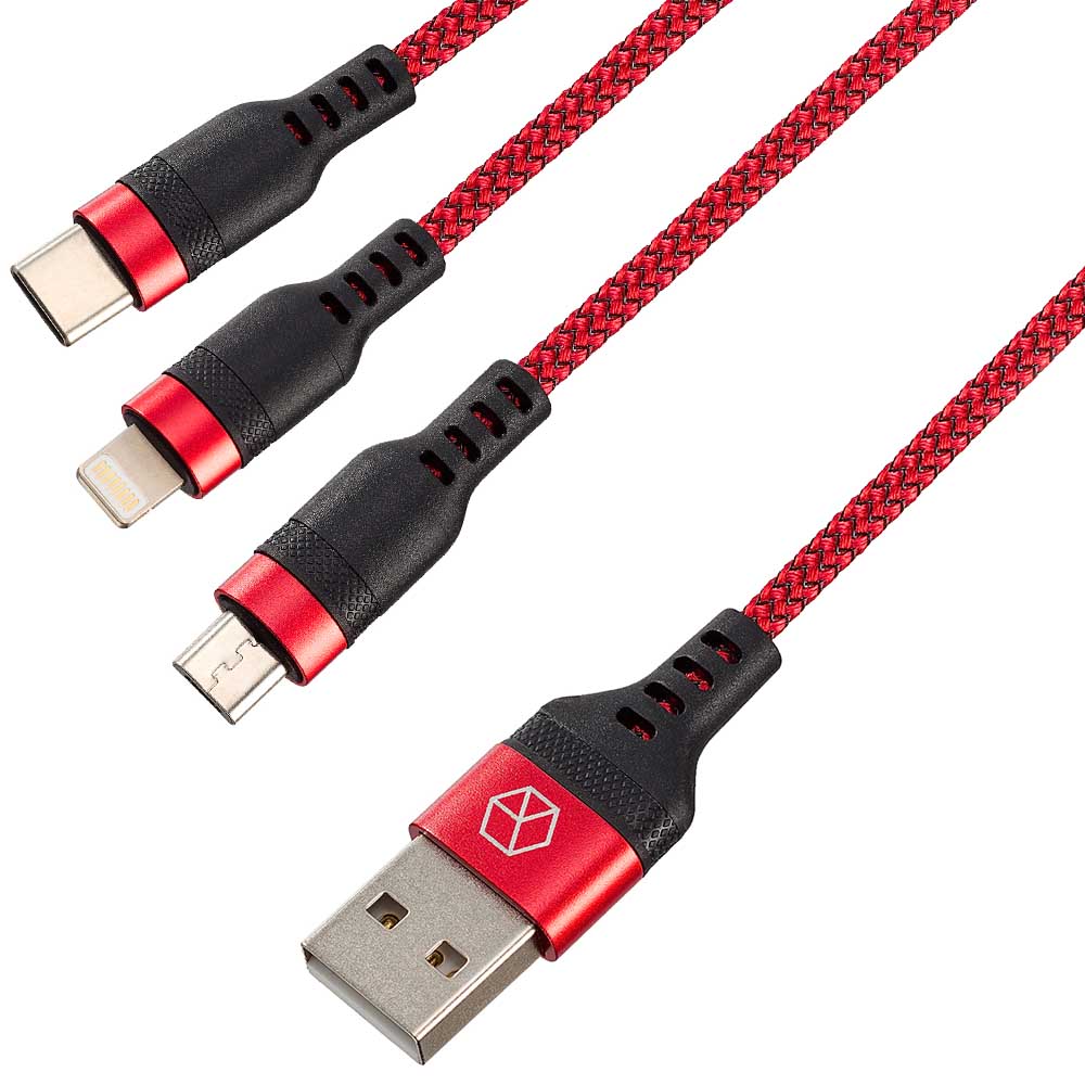 Кабель Breaking Nylon 3 в 1 Universal, USB-A - Type-C/Micro/Lightning, 3A, 1.2m. (Красный)